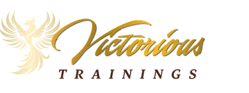 Victorious Trainings in Gold lettering on a marron background. The Phoenix replaces the letter T in Victorious